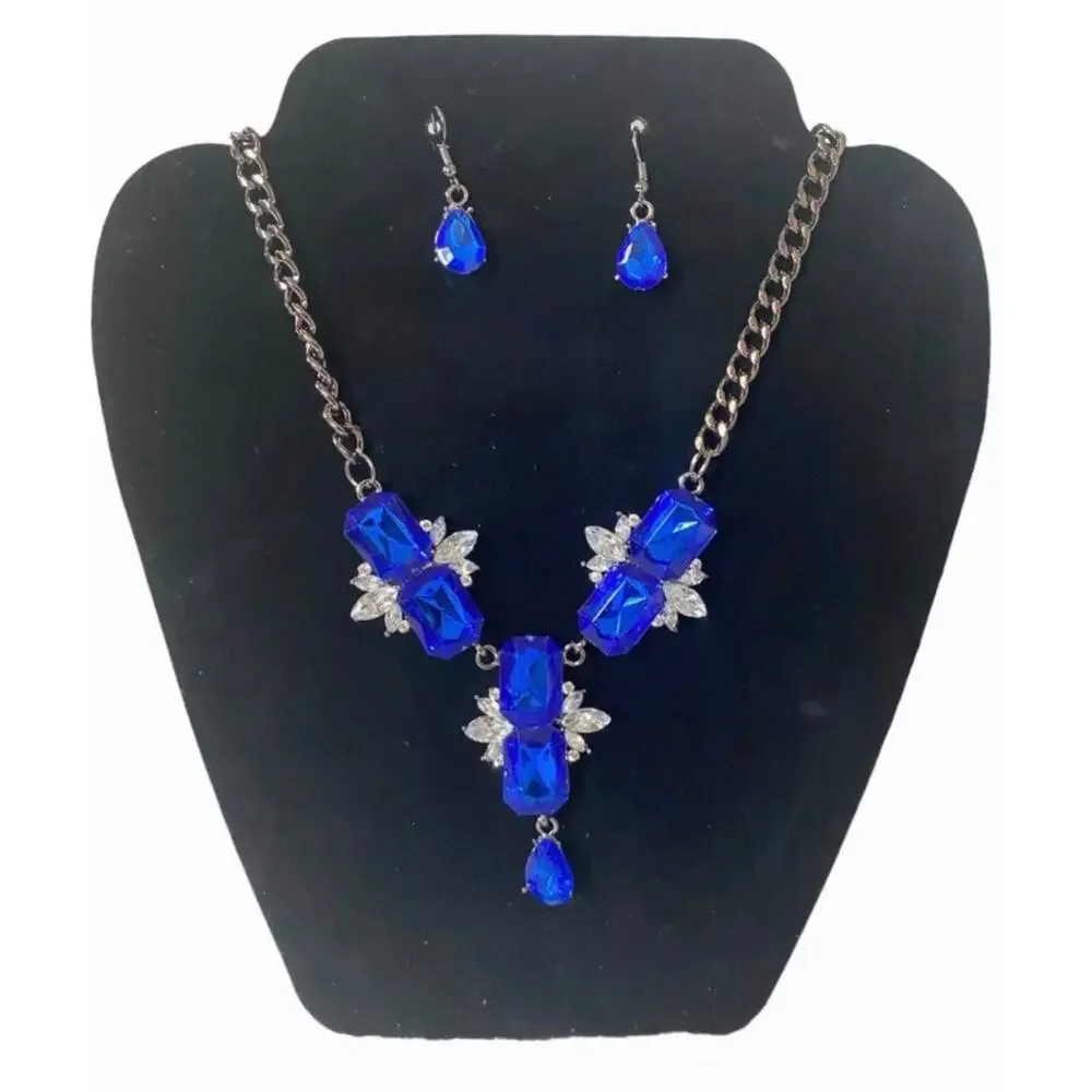 Blue Crystal Statement Necklace Set Matching Earrings Rhinestone Jewelry